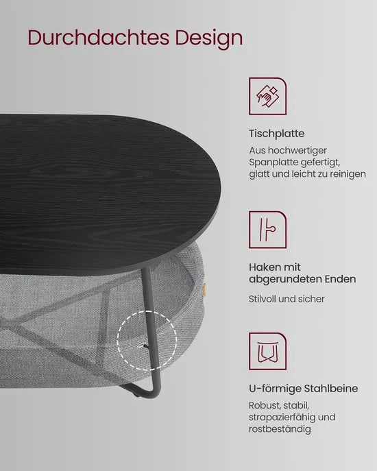 Furnstar - Salontafel ovaal - Tafel met opbergruimte - Bijzettafel - Woonkamertafel met mand van stof - Modern design - Metalen frame - Inktzwart Leigrijs