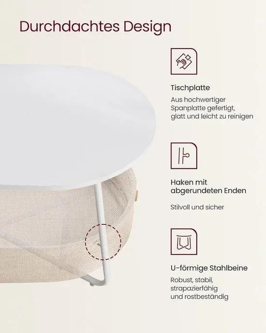 Furnstar - Salontafel ovaal - Tafel met opbergruimte - Bijzettafel - Woonkamertafel met mand van stof - Modern design - Metalen frame - Matwit Camelbruin