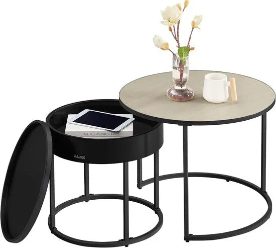 FurnStar Salontafel rond – Set van 2 bijzettafels – Moderne nestbare tafels met verborgen opbergruimte – Dienbladfunctie – Natuurbeige-Inktzwart – 60/44 cm