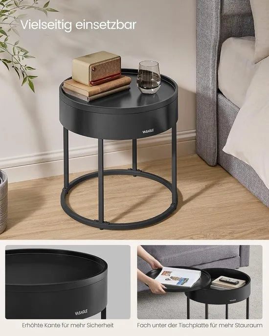 FurnStar Salontafel rond – Set van 2 bijzettafels – Moderne nestbare tafels met verborgen opbergruimte – Dienbladfunctie – Natuurbeige-Inktzwart – 60/44 cm
