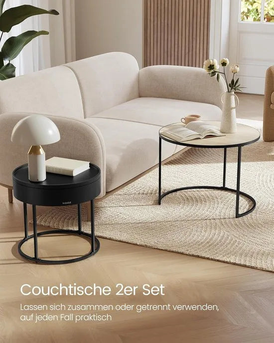 FurnStar Salontafel rond – Set van 2 bijzettafels – Moderne nestbare tafels met verborgen opbergruimte – Dienbladfunctie – Natuurbeige-Inktzwart – 60/44 cm