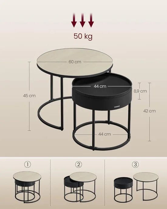 FurnStar Salontafel rond – Set van 2 bijzettafels – Moderne nestbare tafels met verborgen opbergruimte – Dienbladfunctie – Natuurbeige-Inktzwart – 60/44 cm