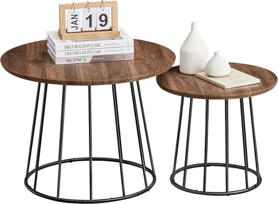 Furnstar Salontafel - Set van 2 - Ronde Bijzettafels - Modern Design - Stalen Frame - Vintage Bruin - Voor Woonkamer en Slaapkamer - LCT045K01 – Walnootkleur