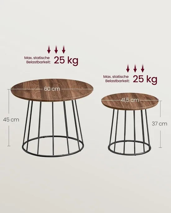 Furnstar Salontafel - Set van 2 - Ronde Bijzettafels - Modern Design - Stalen Frame - Vintage Bruin - Voor Woonkamer en Slaapkamer - LCT045K01 – Walnootkleur