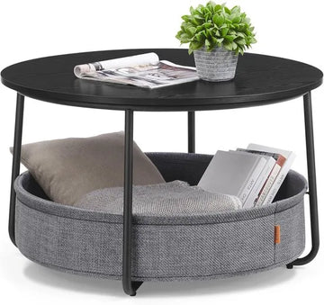 Furnstar - Salontafel rond - Tafel met opbergruimte - Bijzettafel - Woonkamertafel met mand van stof - Modern design - Metalen frame - Inktzwart Leigrijs
