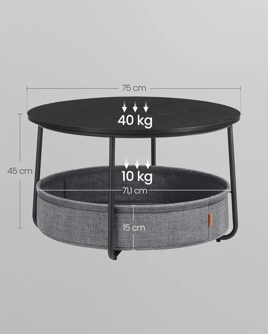 Furnstar - Salontafel rond - Tafel met opbergruimte - Bijzettafel - Woonkamertafel met mand van stof - Modern design - Metalen frame - Matwit Camelbruin – Inktzwart en leigrijs
