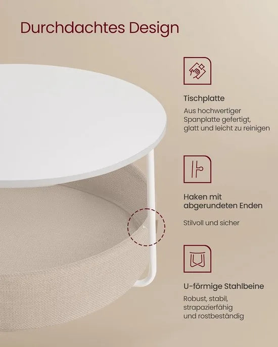 Furnstar - Salontafel rond - Tafel met opbergruimte - Bijzettafel - Woonkamertafel met mand van stof - Modern design - Metalen frame - Matwit Camelbruin