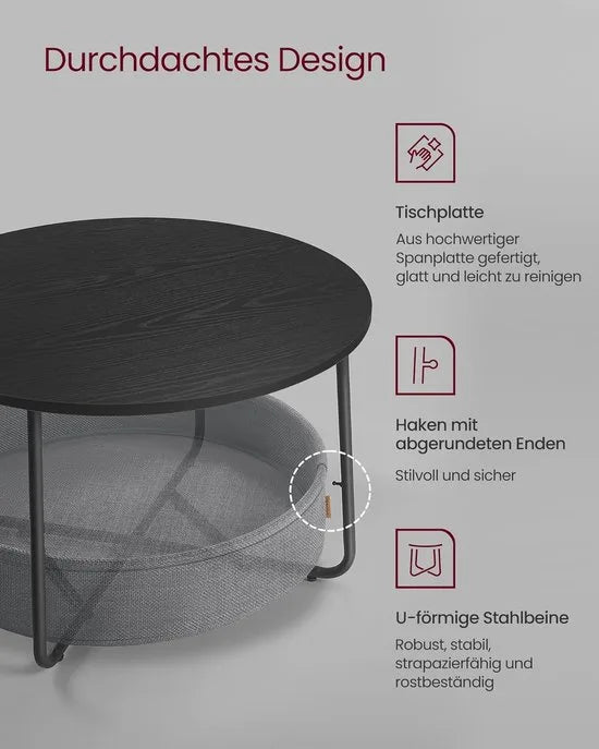Furnstar - Salontafel rond - Tafel met opbergruimte - Bijzettafel - Woonkamertafel met mand van stof - Modern design - Metalen frame - Inktzwart Leigrijs