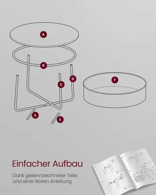Furnstar - Salontafel rond - Tafel met opbergruimte - Bijzettafel - Woonkamertafel met mand van stof - Modern design - Metalen frame - Inktzwart Leigrijs