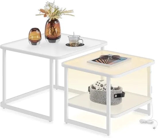 Furnstar Salontafel - Set van 2 met LED-Verlichting - Vierkante Bijzettafel - Modern - Melkglas - Onderste Plank - Wolkenwit-Parelwit - LCT246W01