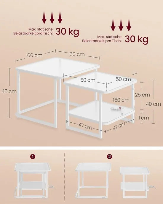 Furnstar Salontafel - Set van 2 met LED-Verlichting - Vierkante Bijzettafel - Modern - Melkglas - Onderste Plank - Wolkenwit-Parelwit - LCT246W01