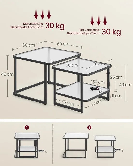 Furnstar Salontafel - Set van 2 met LED-Verlichting - Vierkante Bijzettafel - Modern - Melkglas - Onderste Plank - Wolkenwit-Inkzwart - LCT246B01