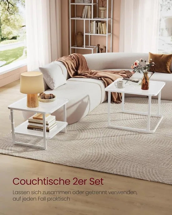 Furnstar Salontafel - Set van 2 met LED-Verlichting - Vierkante Bijzettafel - Modern - Melkglas - Onderste Plank - Wolkenwit-Parelwit - LCT246W01