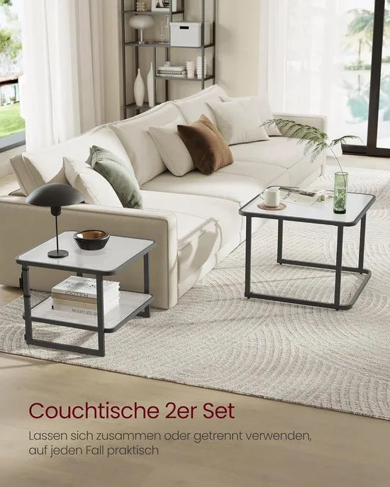 Furnstar Salontafel - Set van 2 met LED-Verlichting - Vierkante Bijzettafel - Modern - Melkglas - Onderste Plank - Wolkenwit-Inkzwart - LCT246B01
