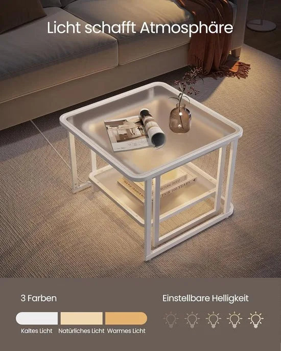 Furnstar Salontafel - Set van 2 met LED-Verlichting - Vierkante Bijzettafel - Modern - Melkglas - Onderste Plank - Wolkenwit-Parelwit - LCT246W01