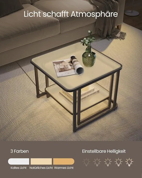 Furnstar Salontafel - Set van 2 met LED-Verlichting - Vierkante Bijzettafel - Modern - Melkglas - Onderste Plank - Wolkenwit-Inkzwart - LCT246B01