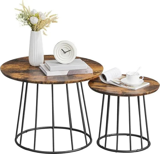 Furnstar Salontafel - Set van 2 - Ronde Bijzettafels - Modern Design - Stalen Frame - Vintage Bruin - Voor Woonkamer en Slaapkamer - LCT045K01