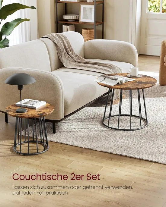 Furnstar Salontafel - Set van 2 - Ronde Bijzettafels - Modern Design - Stalen Frame - Vintage Bruin - Voor Woonkamer en Slaapkamer - LCT045K01