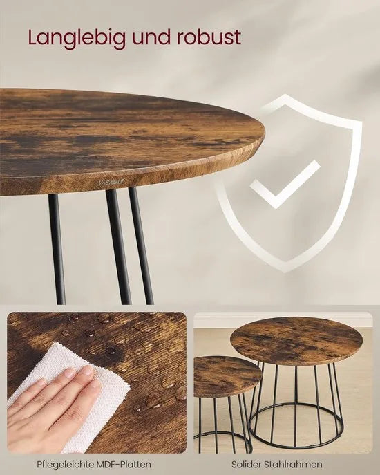 Furnstar Salontafel - Set van 2 - Ronde Bijzettafels - Modern Design - Stalen Frame - Vintage Bruin - Voor Woonkamer en Slaapkamer - LCT045K01