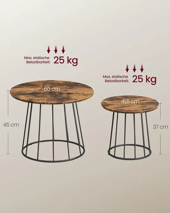 Furnstar Salontafel - Set van 2 - Ronde Bijzettafels - Modern Design - Stalen Frame - Vintage Bruin - Voor Woonkamer en Slaapkamer - LCT045K01