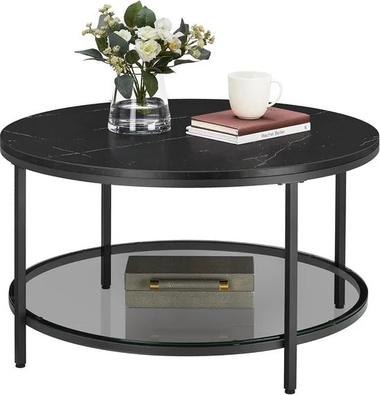 FurnStar – Salontafel – Woonkamertafel met glasplaat – Moderne banktafel met veel opbergruimte – Eenvoudige montage – 80x44,5 cm -Marmerzwart/Inktzwart –