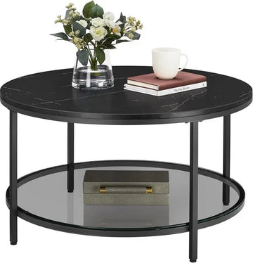 FurnStar – Salontafel – Woonkamertafel met glasplaat – Moderne banktafel met veel opbergruimte – Eenvoudige montage – 80x44,5 cm -Marmerzwart/Inktzwart –