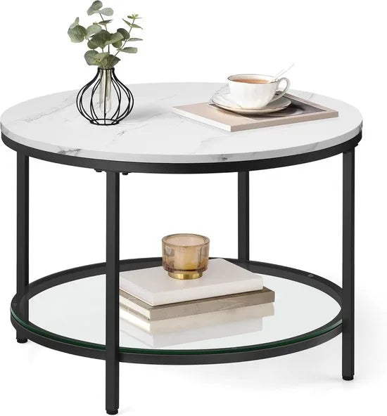 FurnStar – Salontafel – Woonkamertafel met glasplaat – Moderne banktafel met veel opbergruimte – Eenvoudige montage – 65 cmx46 cm -Marmerwit/Inktzwart –
