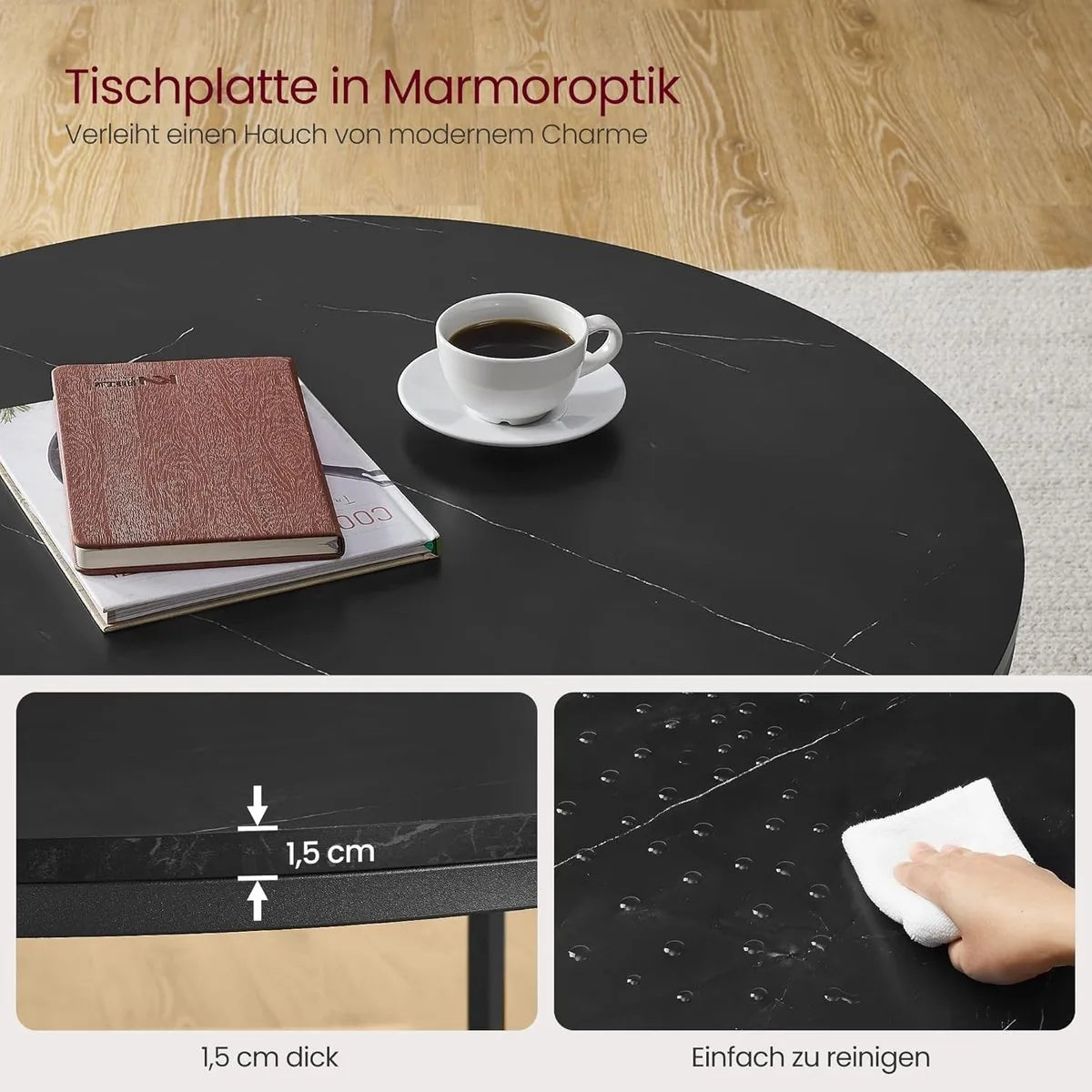 FurnStar – Salontafel – Woonkamertafel met glasplaat – Moderne banktafel met veel opbergruimte – Eenvoudige montage – 80x44,5 cm -Marmerzwart/Inktzwart –