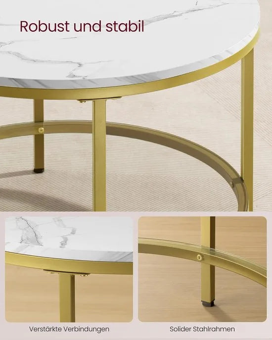 FurnStar – Salontafel – Woonkamertafel met glasplaat – Moderne banktafel met veel opbergruimte – Eenvoudige montage - 65 cmx46 cm– Marmerwit/Lichtgoud