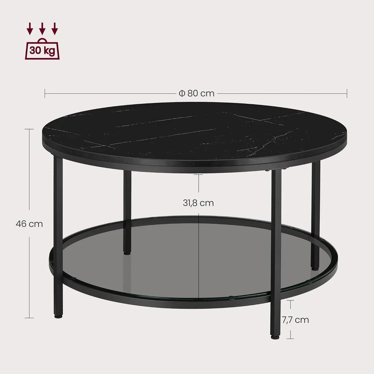 FurnStar – Salontafel – Woonkamertafel met glasplaat – Moderne banktafel met veel opbergruimte – Eenvoudige montage – 80x44,5 cm -Marmerzwart/Inktzwart –