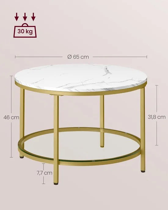 FurnStar – Salontafel – Woonkamertafel met glasplaat – Moderne banktafel met veel opbergruimte – Eenvoudige montage - 65 cmx46 cm– Marmerwit/Lichtgoud