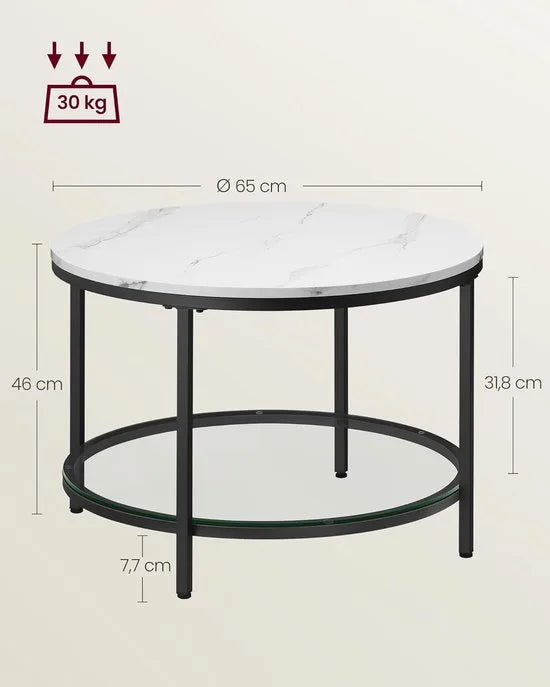 FurnStar – Salontafel – Woonkamertafel met glasplaat – Moderne banktafel met veel opbergruimte – Eenvoudige montage – 65 cmx46 cm -Marmerwit/Inktzwart –
