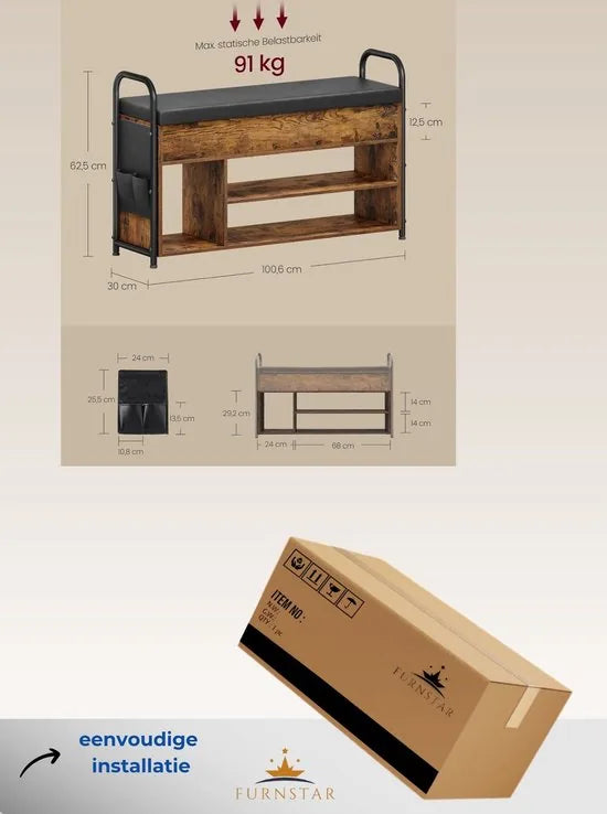 FurnStar - Schoenbank met zitvlak - Schoenenrek - Zitbank met opbergruimte onder het deksel - PU-organizer - Handgrepen - Voor hal - Woonkamer - Slaapkamer - 30 x 100,6 x 62,5 cm - Vintage bruin-Inktzwart