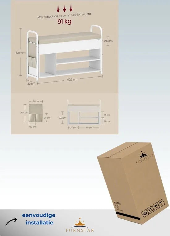 FurnStar - Schoenbank met zitvlak - Schoenenrek - Zitbank met opbergruimte onder het deksel - PU-organizer - Handgrepen - Voor hal - Woonkamer - Slaapkamer - 30 x 100,6 x 62,5 cm - Wolkenwit - Cappuccinobeige