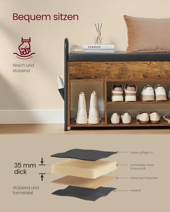 FurnStar - Schoenbank met zitvlak - Schoenenrek - Zitbank met opbergruimte onder het deksel - PU-organizer - Handgrepen - Voor hal - Woonkamer - Slaapkamer - 30 x 100,6 x 62,5 cm - Vintage bruin-Inktzwart