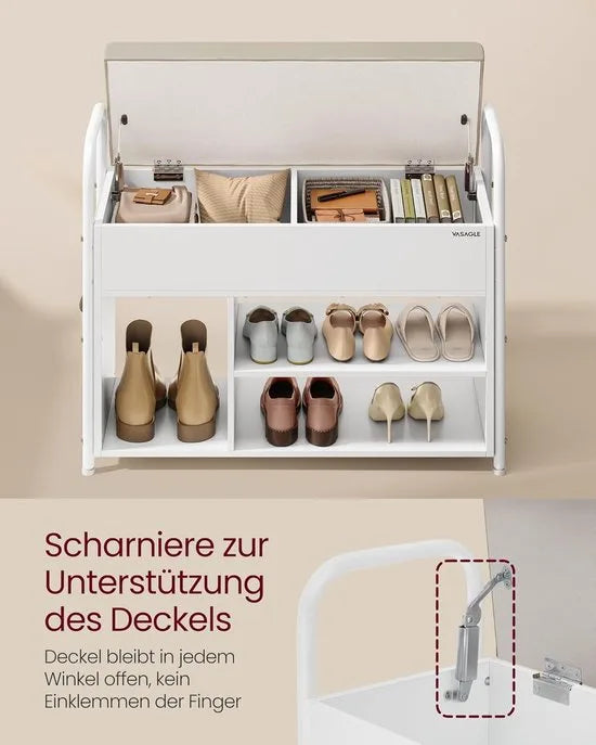 FurnStar - Schoenbank met zitvlak - Schoenenrek - Zitbank met opbergruimte onder het deksel - PU-organizer - Handgrepen - Voor hal - Woonkamer - Slaapkamer - 30 x 100,6 x 62,5 cm - Wolkenwit - Cappuccinobeige