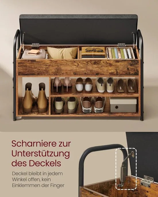FurnStar - Schoenbank met zitvlak - Schoenenrek - Zitbank met opbergruimte onder het deksel - PU-organizer - Handgrepen - Voor hal - Woonkamer - Slaapkamer - 30 x 100,6 x 62,5 cm - Vintage bruin-Inktzwart