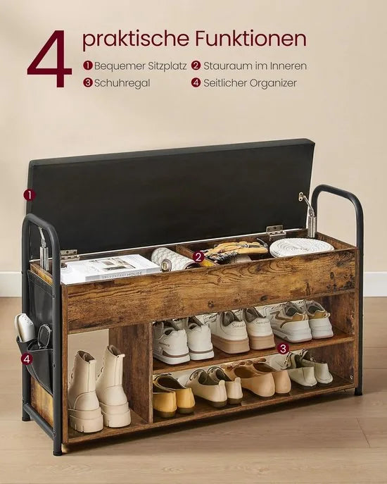 FurnStar - Schoenbank met zitvlak - Schoenenrek - Zitbank met opbergruimte onder het deksel - PU-organizer - Handgrepen - Voor hal - Woonkamer - Slaapkamer - 30 x 100,6 x 62,5 cm - Vintage bruin-Inktzwart