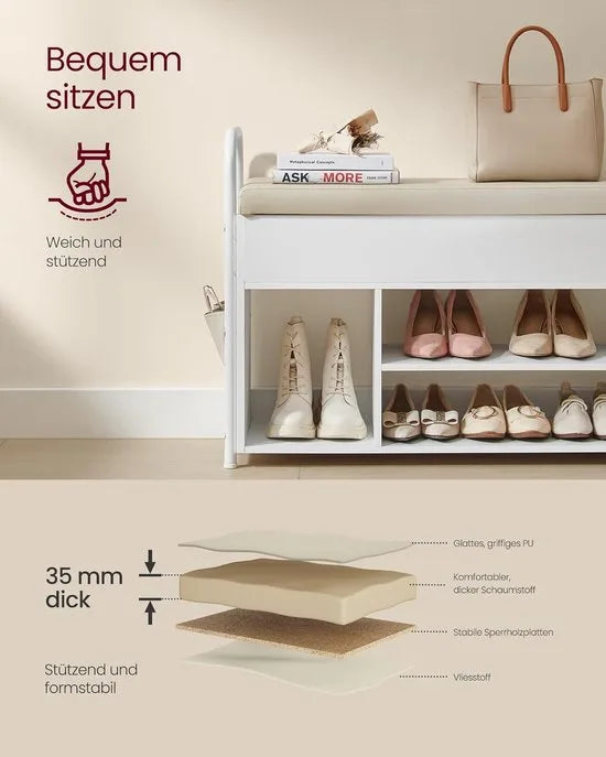 FurnStar - Schoenbank met zitvlak - Schoenenrek - Zitbank met opbergruimte onder het deksel - PU-organizer - Handgrepen - Voor hal - Woonkamer - Slaapkamer - 30 x 100,6 x 62,5 cm - Wolkenwit - Cappuccinobeige