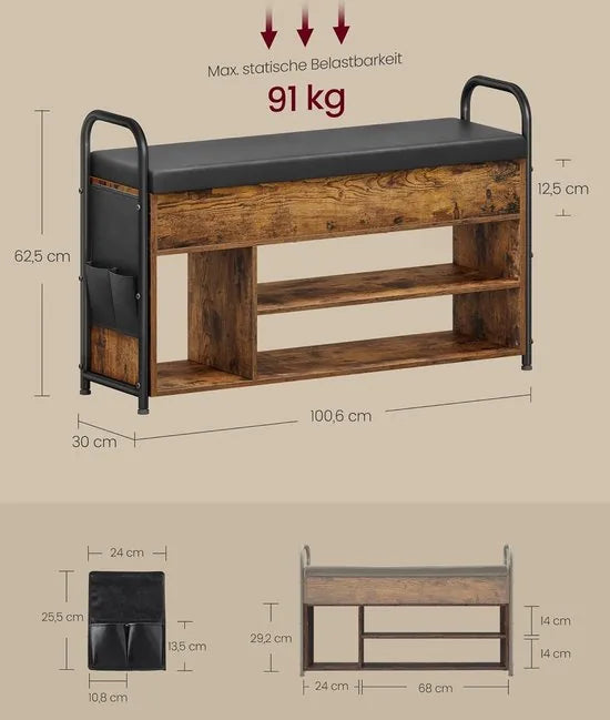FurnStar - Schoenbank met zitvlak - Schoenenrek - Zitbank met opbergruimte onder het deksel - PU-organizer - Handgrepen - Voor hal - Woonkamer - Slaapkamer - 30 x 100,6 x 62,5 cm - Vintage bruin-Inktzwart
