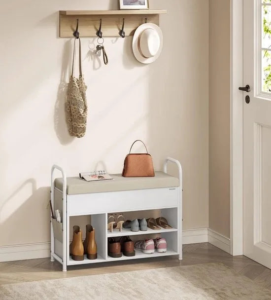 FurnStar - Schoenbank met zitvlak - Schoenenrek - Zitbank met opbergruimte onder het deksel - PU-organizer - Handgrepen - Voor hal - Woonkamer - Slaapkamer - 30 x 100,6 x 62,5 cm - Wolkenwit - Cappuccinobeige