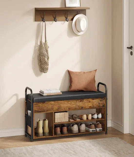 FurnStar - Schoenbank met zitvlak - Schoenenrek - Zitbank met opbergruimte onder het deksel - PU-organizer - Handgrepen - Voor hal - Woonkamer - Slaapkamer - 30 x 100,6 x 62,5 cm - Vintage bruin-Inktzwart
