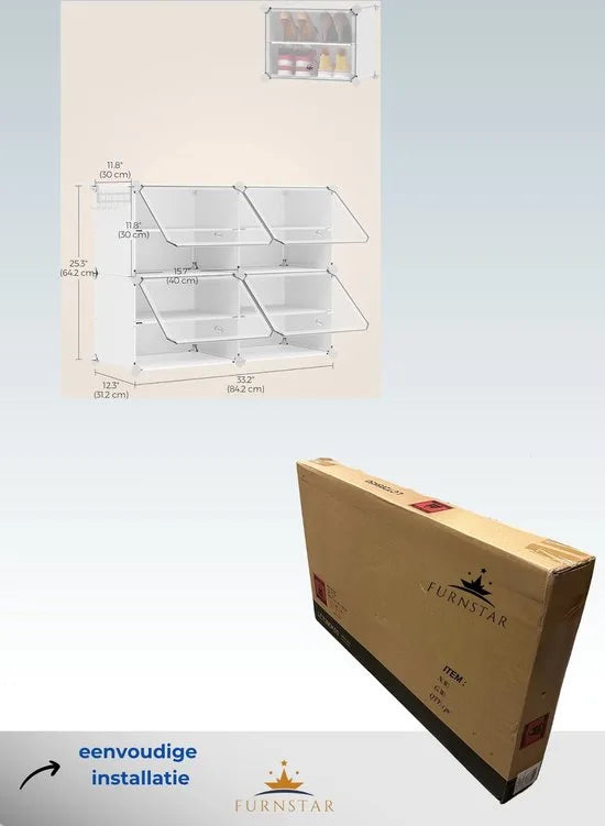 FurnStar - Schoenenbank - 30 x 40 x 30 cm - Schoenenrek met 4 vakken, Schoenen Rek - Schoenenrek Wit - Stalen frame, Plastic