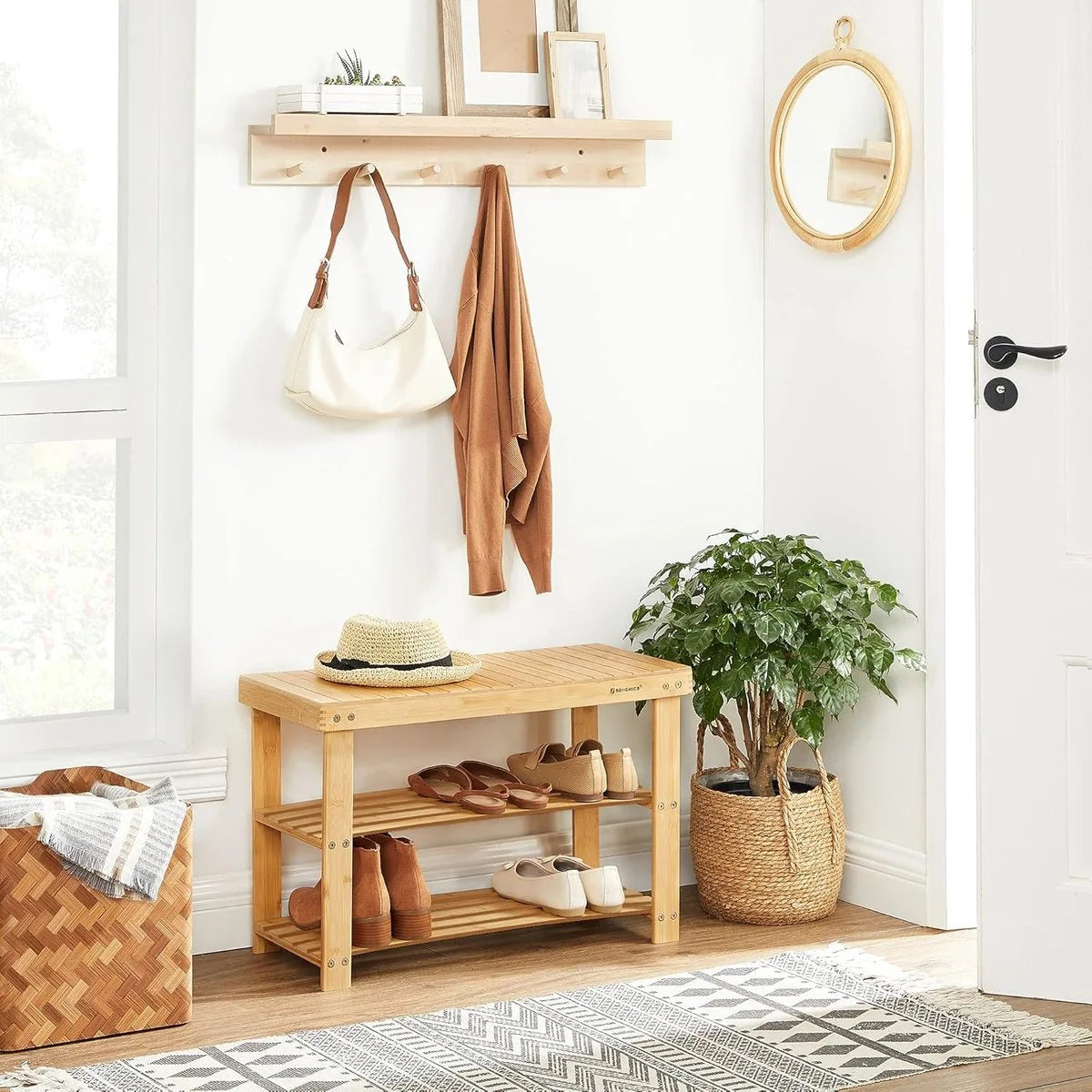 Furnstar Schoenenbank – Bamboe Schoenenrek met Zitbank – 3 Planken – 70 x 28 x 45 cm – Voor Hal, Badkamer & Woonkamer