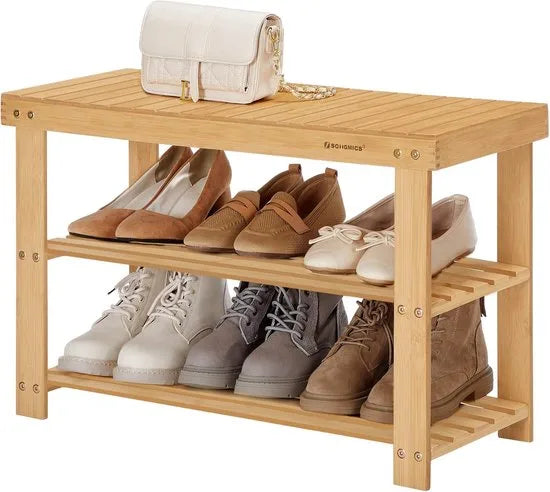 Furnstar Schoenenbank – Bamboe Schoenenrek met Zitbank – 3 Planken – 70 x 28 x 45 cm – Voor Hal, Badkamer & Woonkamer