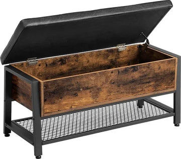 FurnStar Schoenenbank - Gestoffeerde zitting en schoenenrek - Wandbed met opbergruimte - Multifunctionele kast - Gang - Slaapkamer - Staal - Imitatieleer - Vintage bruin-zwart