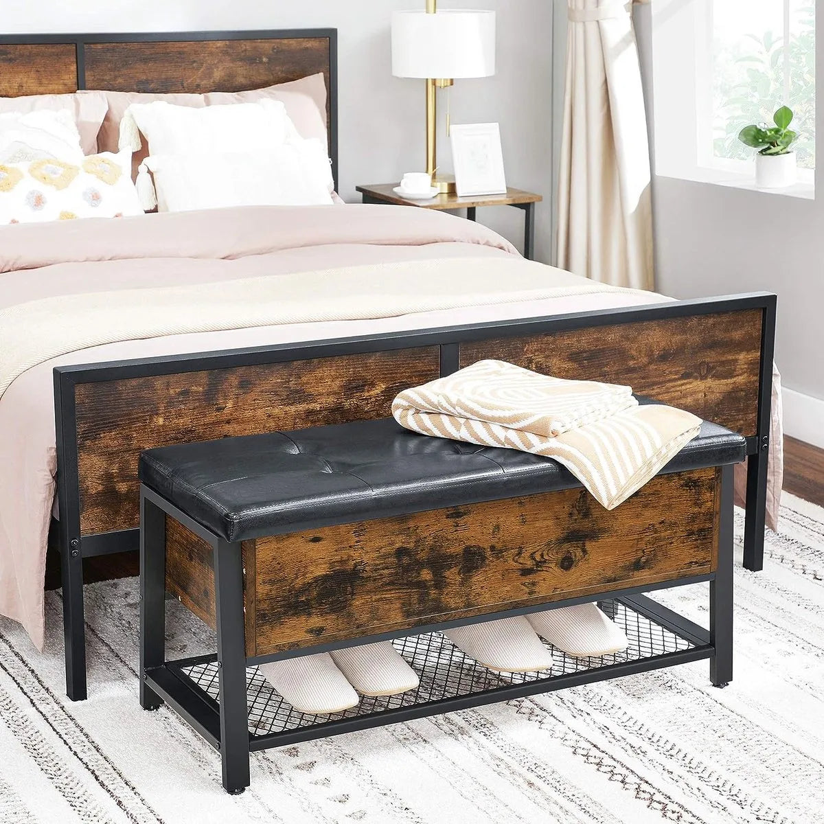 FurnStar Schoenenbank - Gestoffeerde zitting en schoenenrek - Wandbed met opbergruimte - Multifunctionele kast - Gang - Slaapkamer - Staal - Imitatieleer - Vintage bruin-zwart