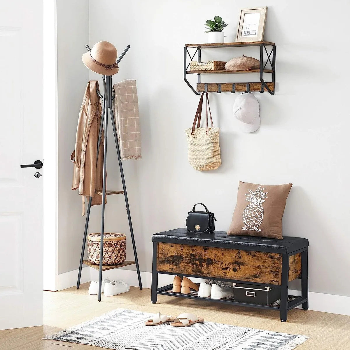 FurnStar Schoenenbank - Gestoffeerde zitting en schoenenrek - Wandbed met opbergruimte - Multifunctionele kast - Gang - Slaapkamer - Staal - Imitatieleer - Vintage bruin-zwart