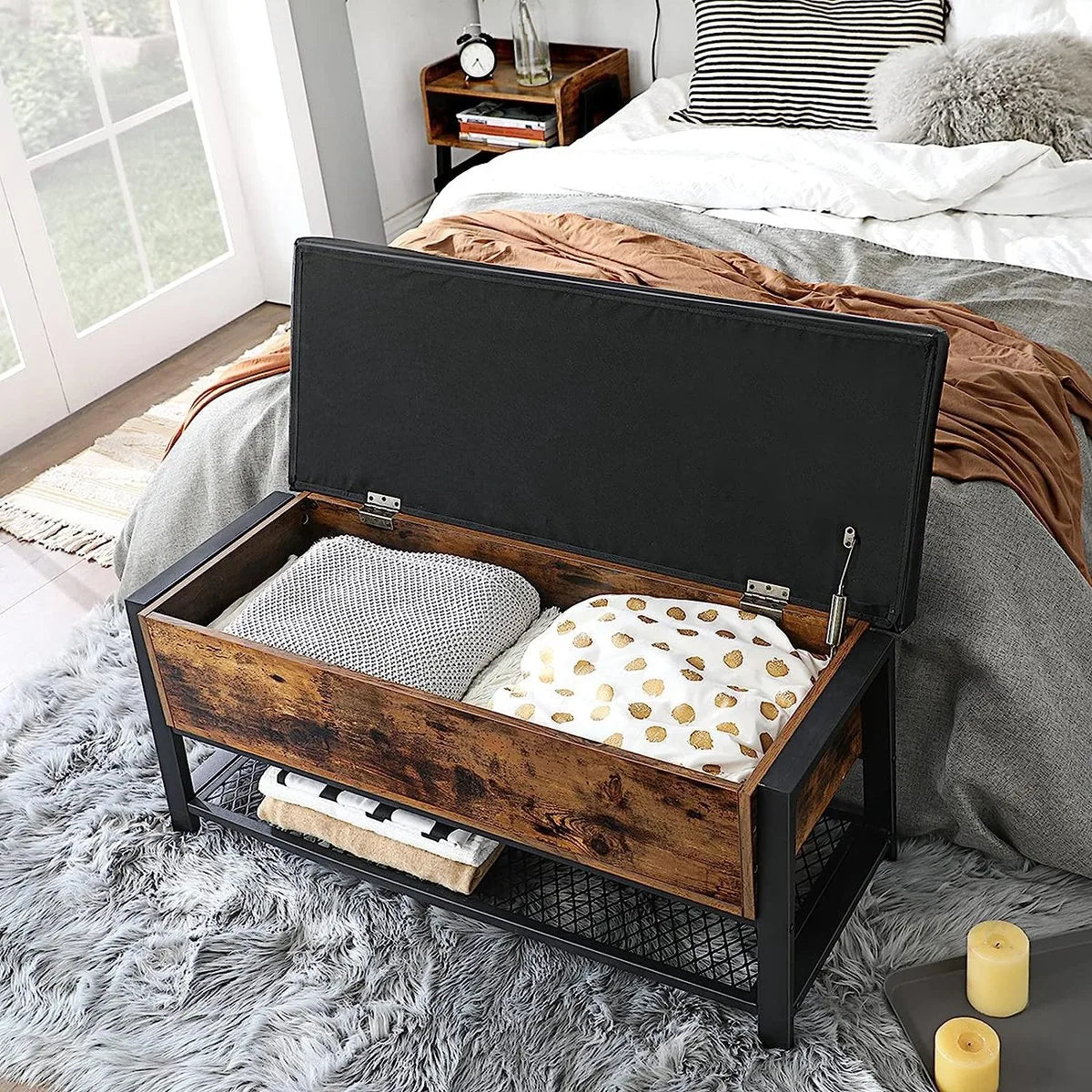 FurnStar Schoenenbank - Gestoffeerde zitting en schoenenrek - Wandbed met opbergruimte - Multifunctionele kast - Gang - Slaapkamer - Staal - Imitatieleer - Vintage bruin-zwart