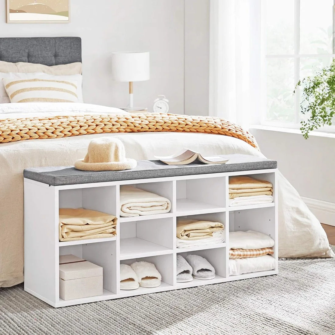 FurnStar - Schoenenbank Met Kussen - Opbergbank Met Gevoerde Zitting - Halbank Met 10 Compartimenten - Voor Slaapkamer - 104x30x48 cm - Wolkenwit En Duifgrijs